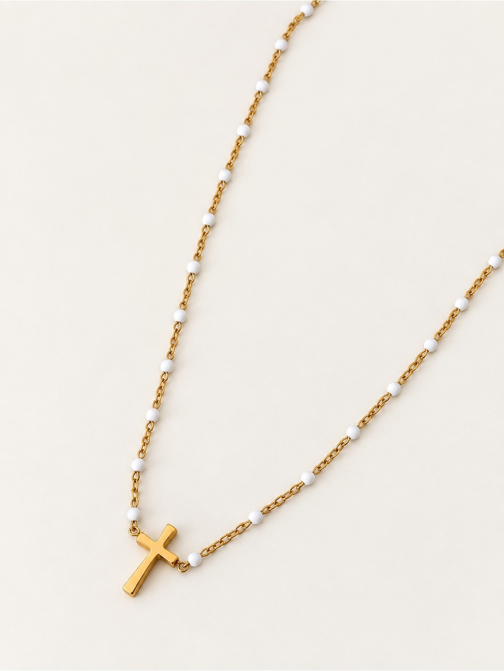 18K Gold Tone White Enamel Beaded Cross Necklace Stainless Steel Dainty Faith